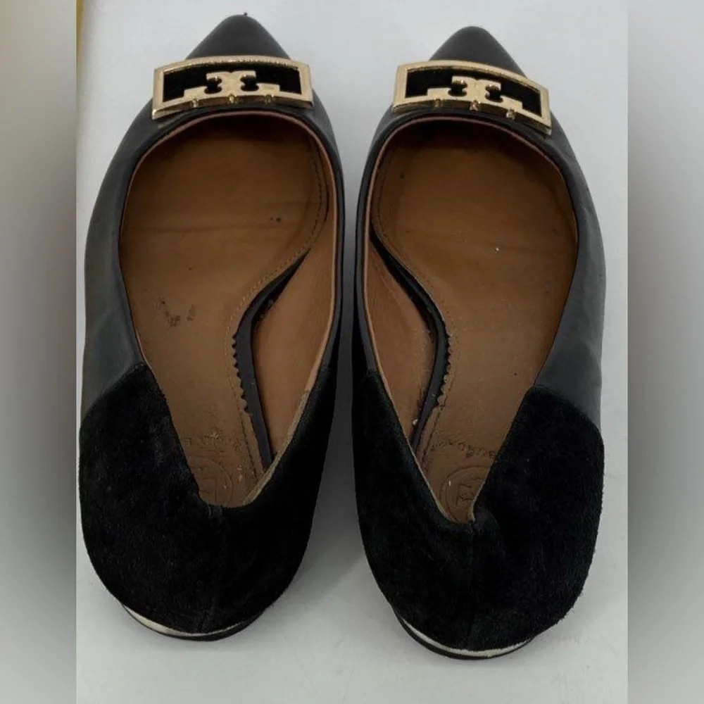 TORY BURCH Suede-trimmed Embellished Leather Point-toe Flats In Perfect Black 7